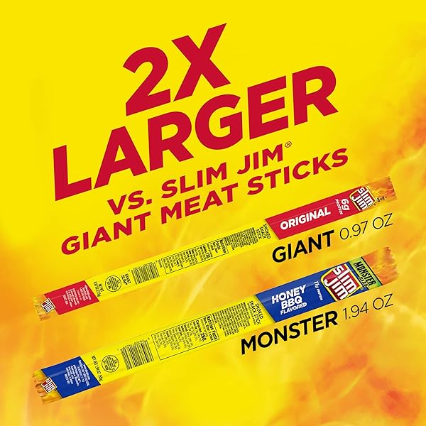 SLIM JIM MONSTER SMOKED MEAT STICKS, HONEY BBQ FLAVOR, HIGH PROTEIN, STOCKING STUFFER, 1.94 OZ. (18 COUNT)
