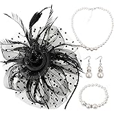 DRESHOW Fascinators Hat Flower Mesh Ribbons Feathers on a Headband and a Clip Tea Party Headwear for Girls and Women