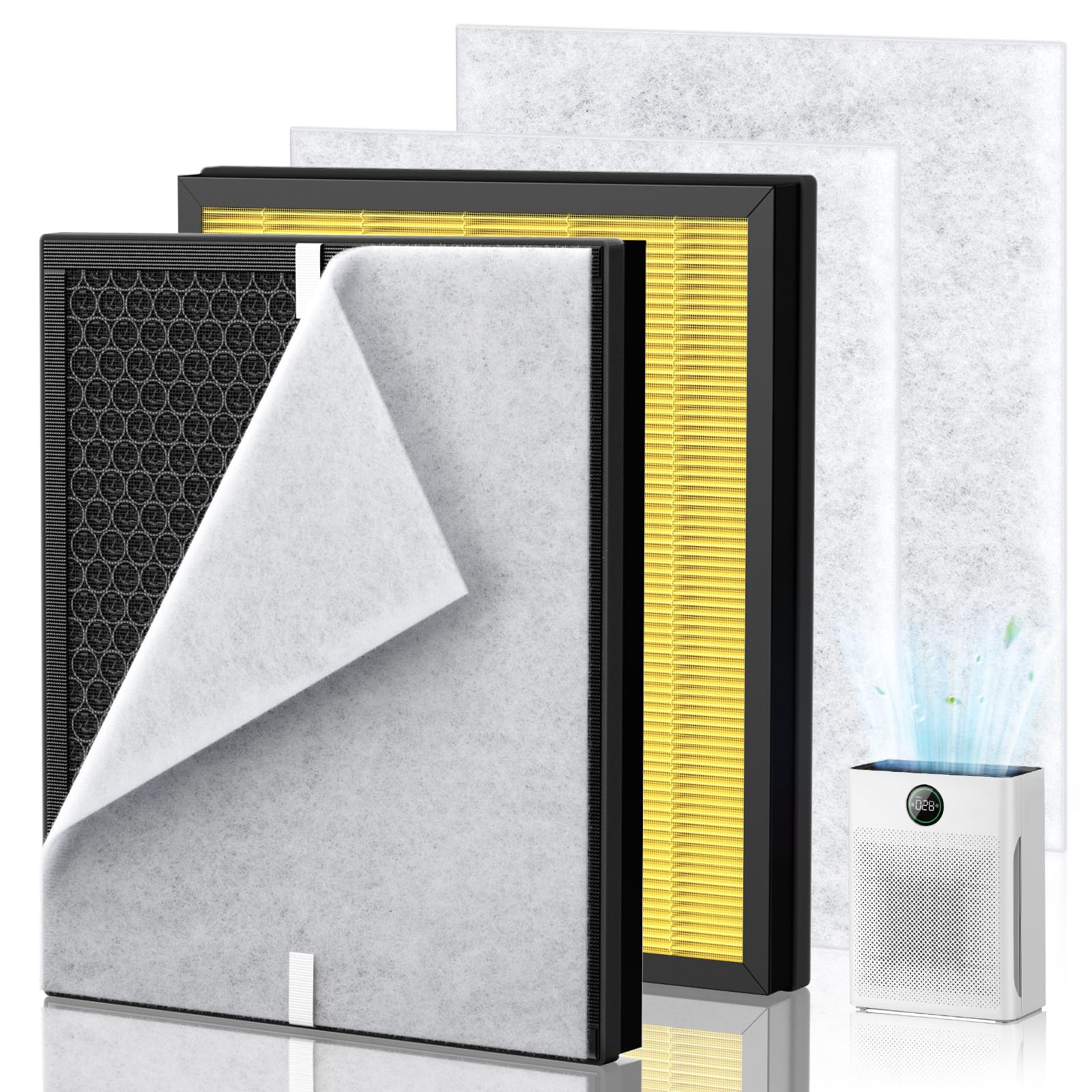 PR1 Replacement Filter for Mooka PR1 Air Purifier for Home Large Room up to 2200sq.ft, 2 Pack 3-in-1 HEPA Activated Carbon, with 4Pcs Washable Filter for Pets, PM 2.5, Yellow