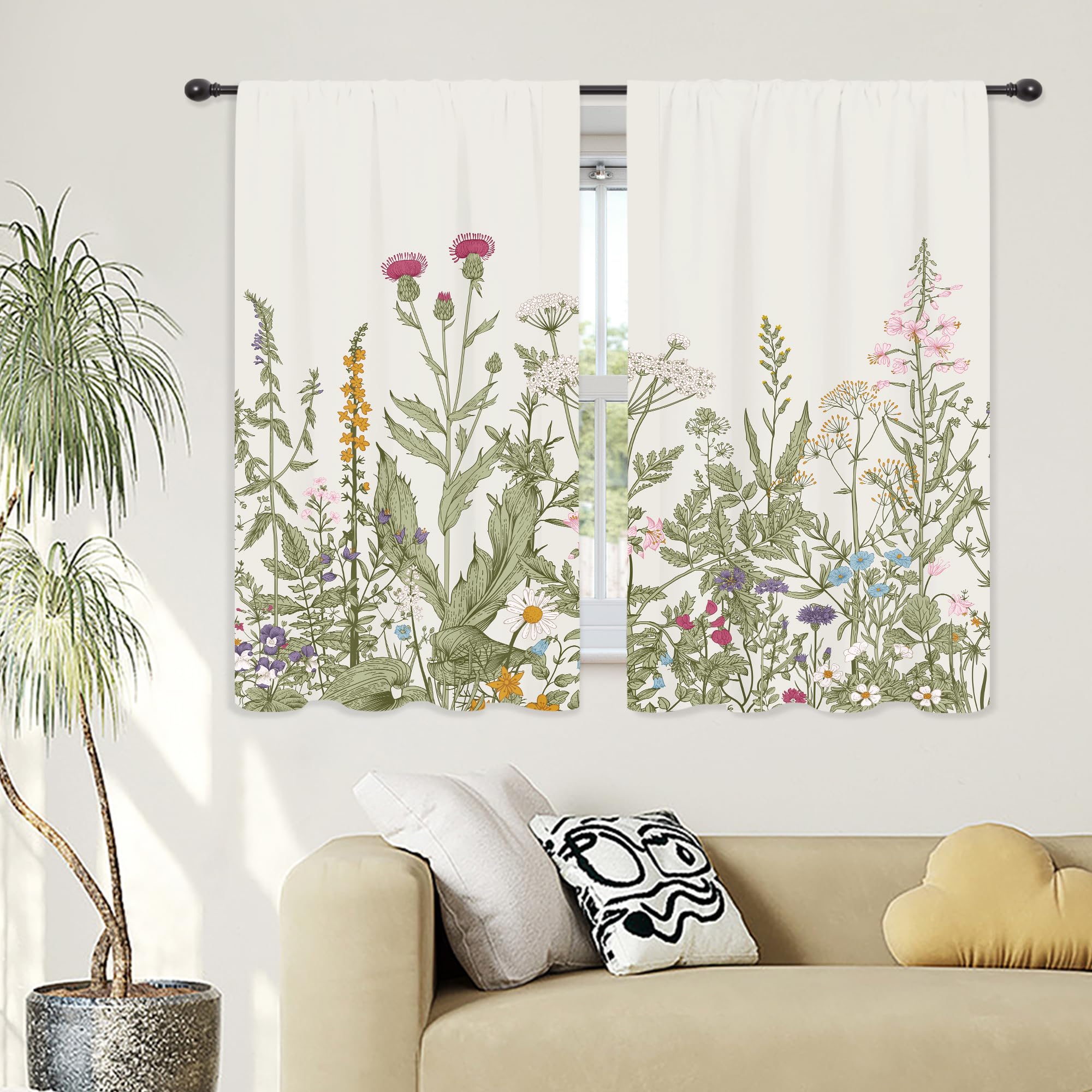 Photo 1 of Riyidecor Rustic Flower Curtains Green Leaf Rod Pocket Vintage Floral Colorful Plant Herbs Women Wildflower Blossom Botanical Nature Classic Bedroom Living Room Treatment Fabric 2 Panels 42 x 45 Inch