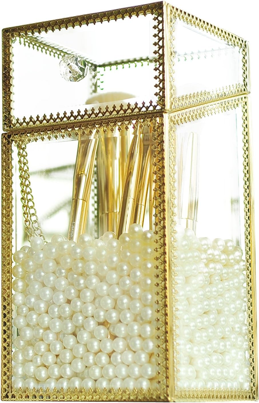 Gold Antique Brush Holder Makeup Organizer Clear Glass Vintage Display with Free White Pearls Dust Free