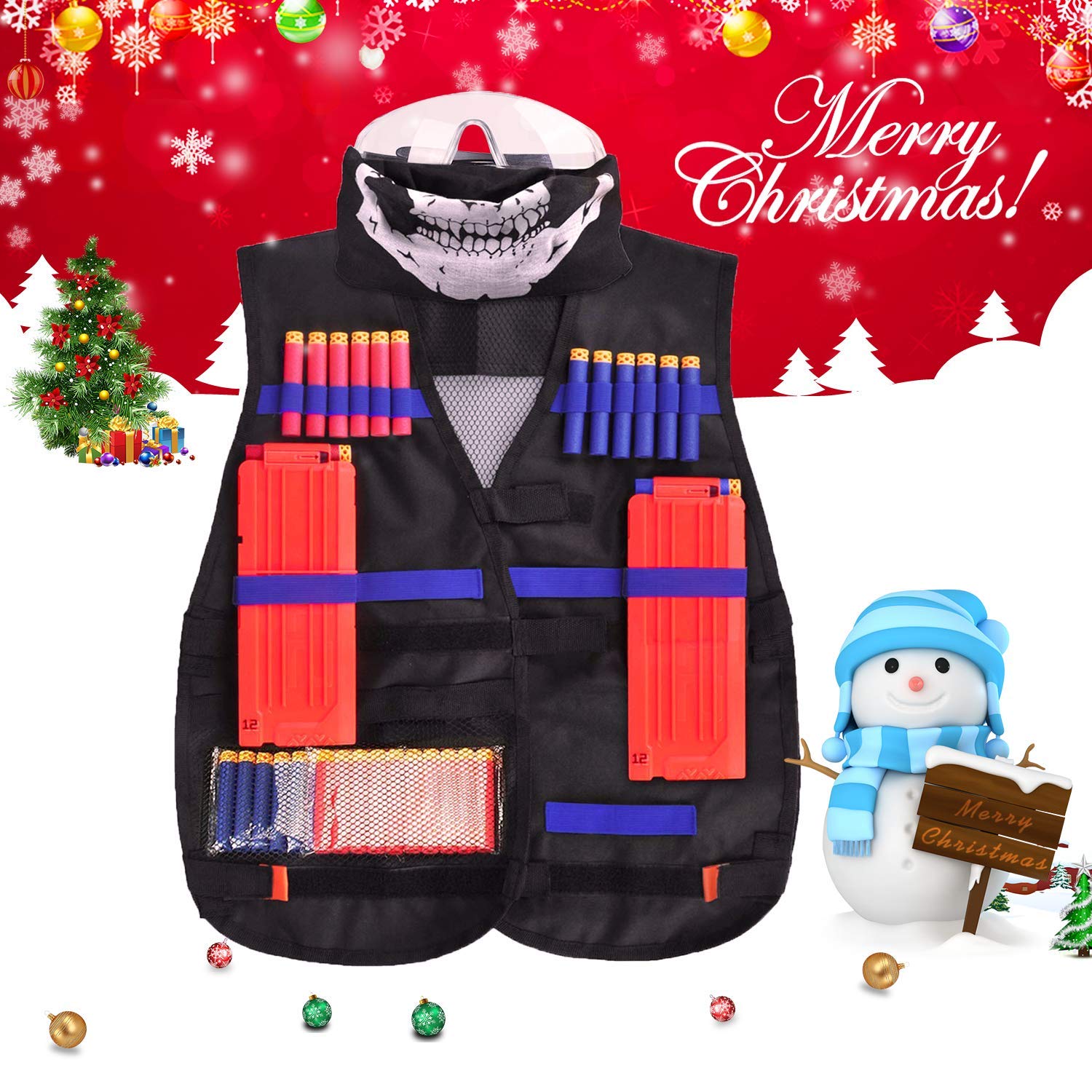 Merryxgift Taktische Weste, Taktische Weste Jacke Kit für Nerf Gun N-Streik Elite-Serie mit 40Pcs Darts Kugeln, 2Pcs 12-Dart Quick Reload Clips, 1Pcs 8-Dart Armbänded, Nahtlose Gesichtsmaske & Goggle