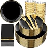 NOCCUR 350PCS Black and Gold Plastic Plates - Black Disposable Dinnerware Set for 50 Guests, 100 Dinner/Dessert Plates, 150 Gold Silverware, 50 Cups&50 Napkins for Party/Birthday/New Year