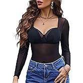 Avidlove Mesh Bodysuits for Women Long Sleeve Body Suits Leopard Print Going Out Tops Sheer Rave Outfits with Snap Crotch
