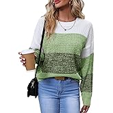 QIANSIQIANBO Women's Striped Color Block Sweater Long Sleeve Crewneck Casual Loose Fit Soft Knit Sweater Pullover Tops