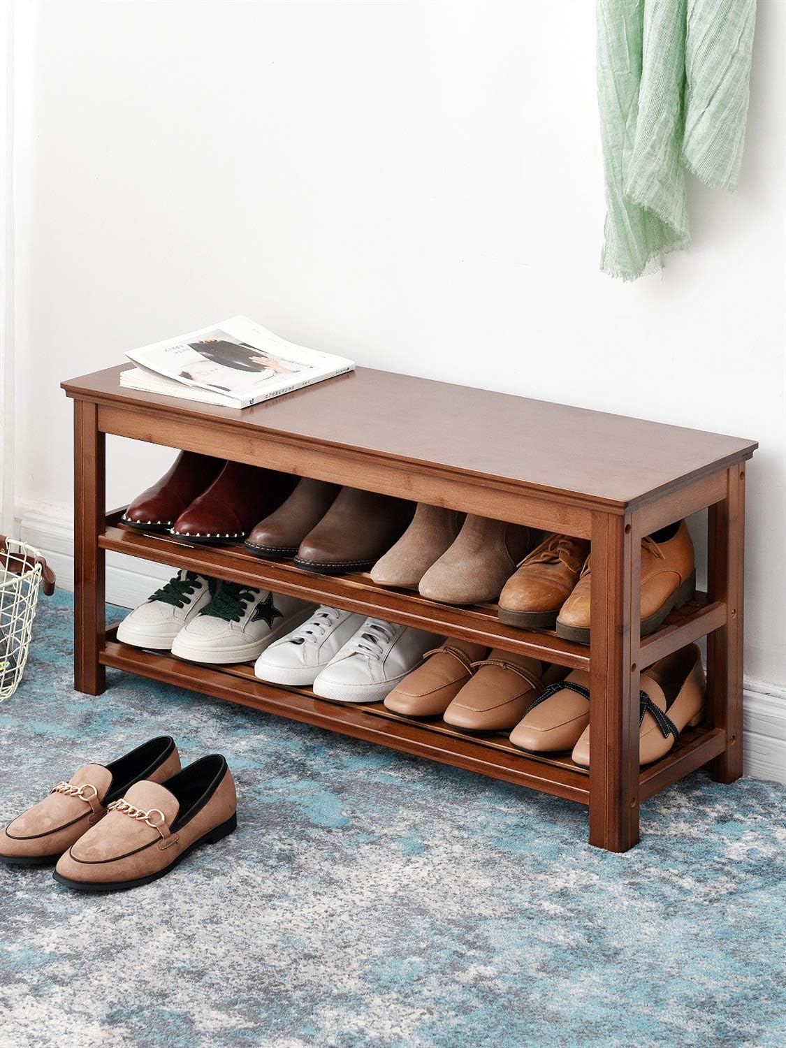 bamboo shoe rack amazon on Amazon Com Change Shoe Bench Natural Bamboo Shoe Rack Bench 3 Tier Shoe Organizer Entryway Seat Storage Shelf Storage Benches Simple Storage Shelf Size 100cm Furniture Decor