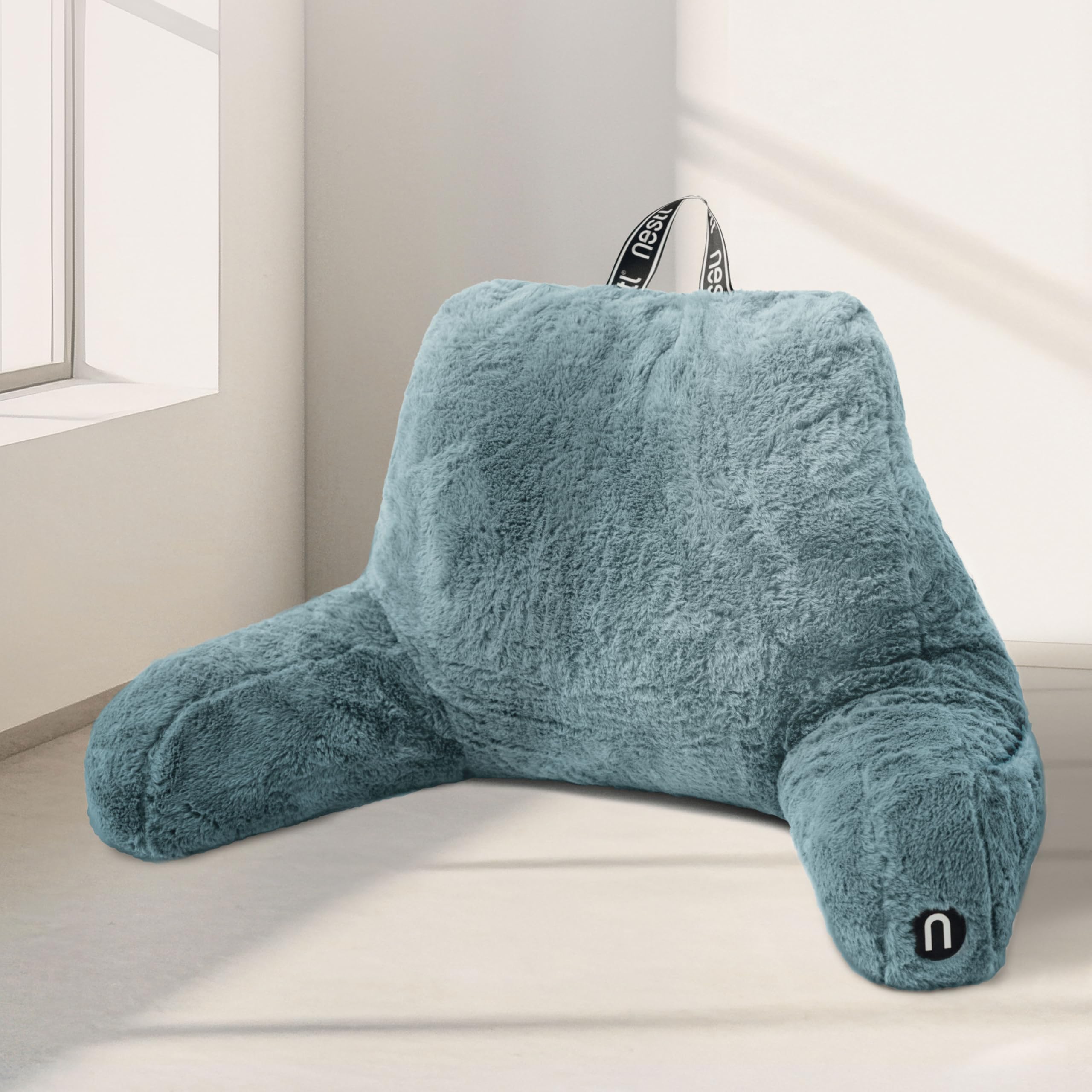 Nestl Fur Reading Pillow, Stylish Back Pillow for Bed Sitting Up, Faux Fur Bed Chair Pillow with Arms, Reading Pillows for Sitting in Bed Adult & Kids, Back Support Pillow for Bed Rest – Stone Blue