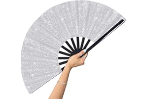 GeGeYa Large Folding Fan-Hand Fan Popping Fan for Line Dancing Clacking Fans for Boots On The Ground Dance, Party,Outdoor,Decoration (Silver Glitter)