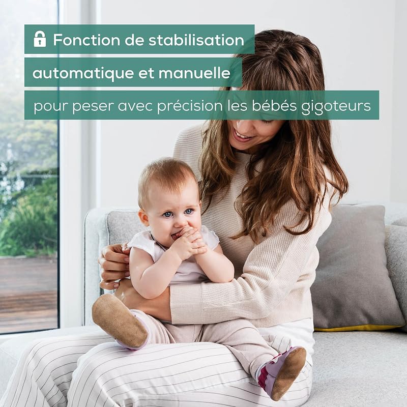 BY 90 Pèse-bébé connecté avec ruban mesureur intégré, application gratuite (iOS + Android), capacité de charge de 20 kg et fonction de maintien pour bébés gigoteurs