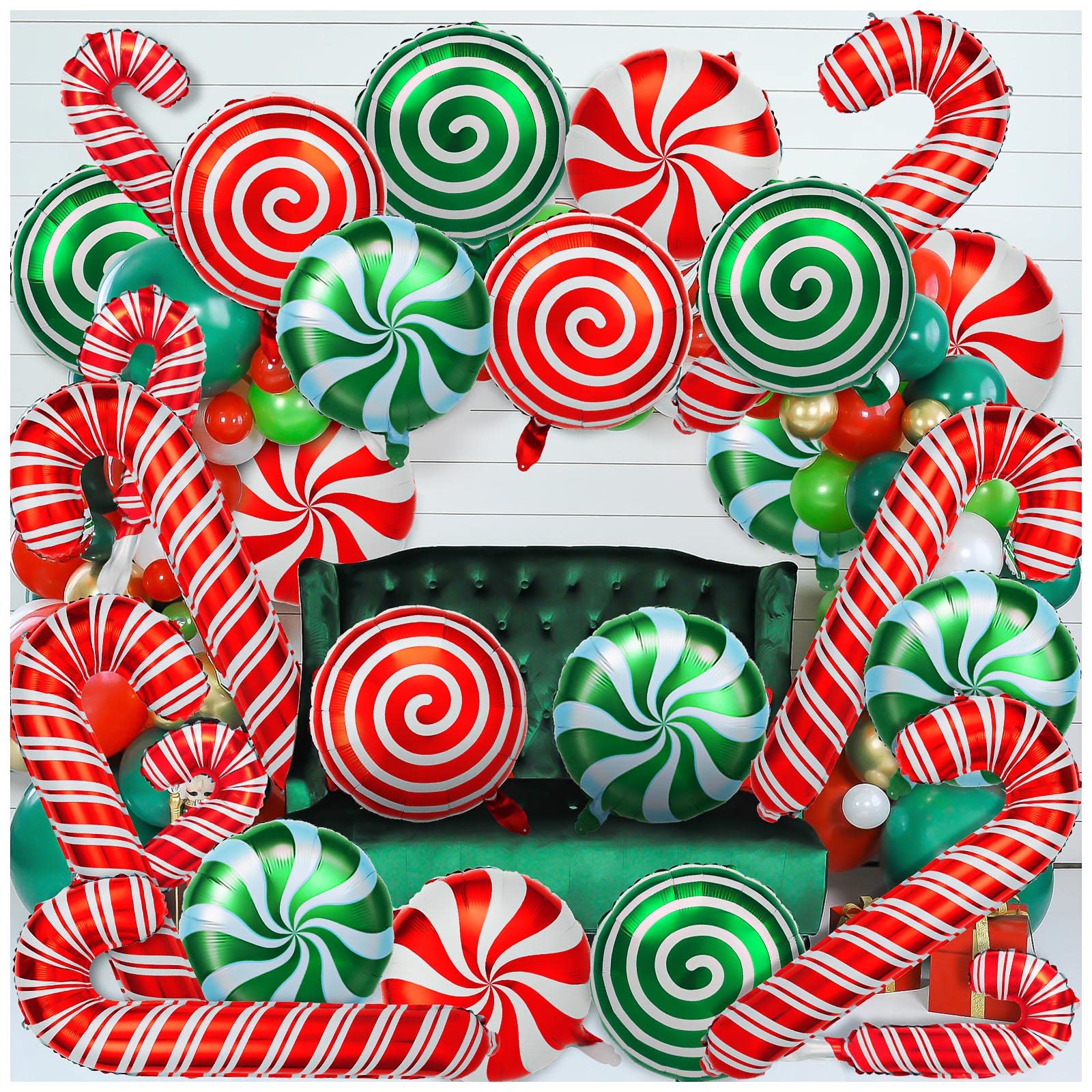 Photo 1 of 36Pcs Christmas Balloons Kit, Cane Candy Foil Balloons with Ribbons, Red Green Mylar Balloon for Party Decorations