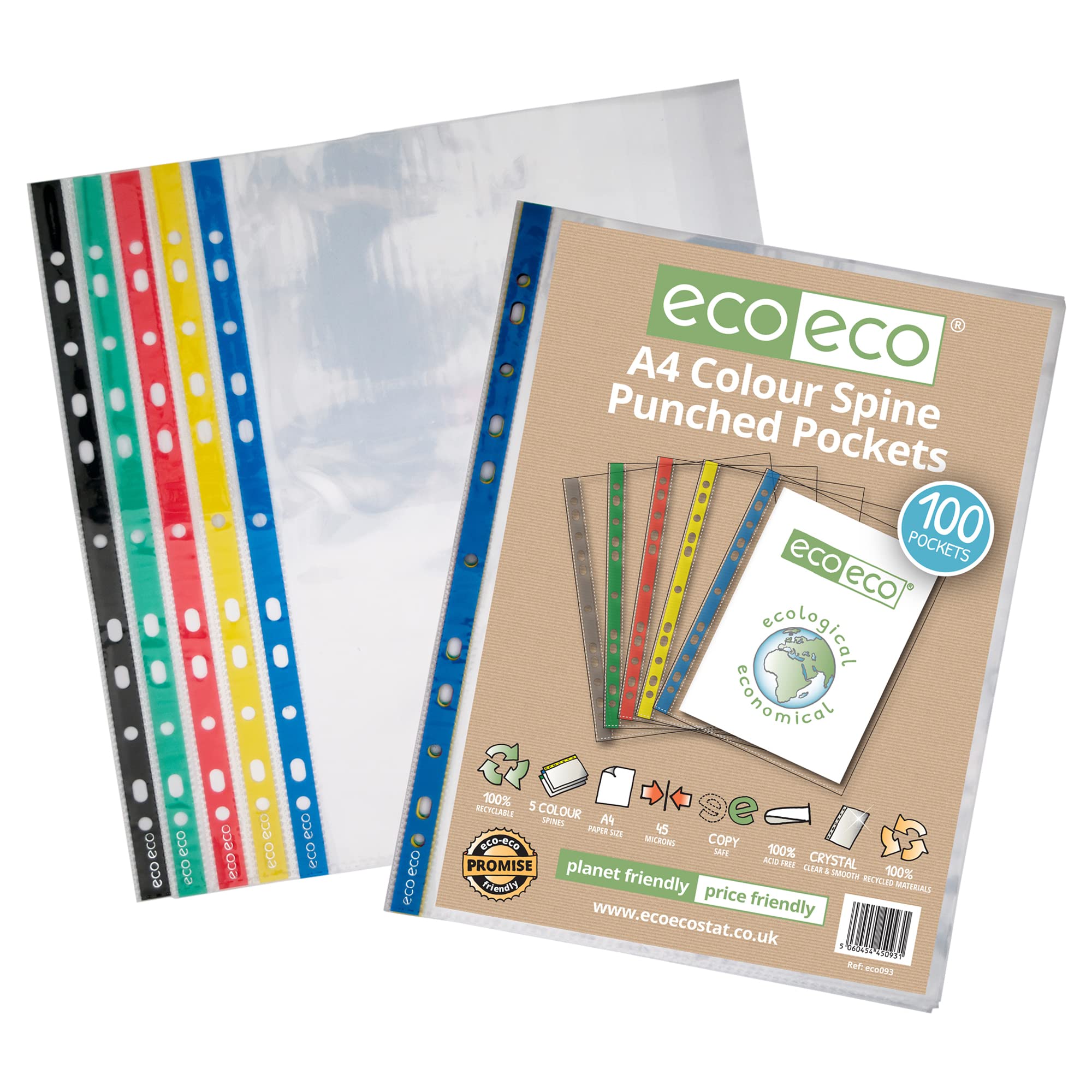 eco-eco A4 100% Recycled Coloured Spine Multi Punched Pockets Glass Clear, Transparent Poly Wallet Sheet Protector, 45 Microns (Pack of 100), eco093