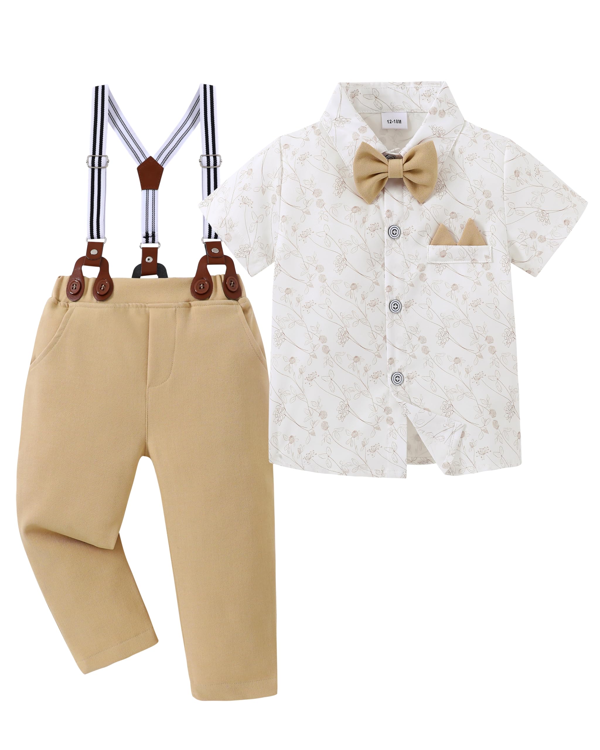 Photo 1 of YALLET Toddler Baby Boy Clothes Suit Gentleman Wedding Outfits, Formal Dress Shirt+Bowtie+Vest+Boutonniere+Suspender Pants(L Classic White, 12-18 Months)