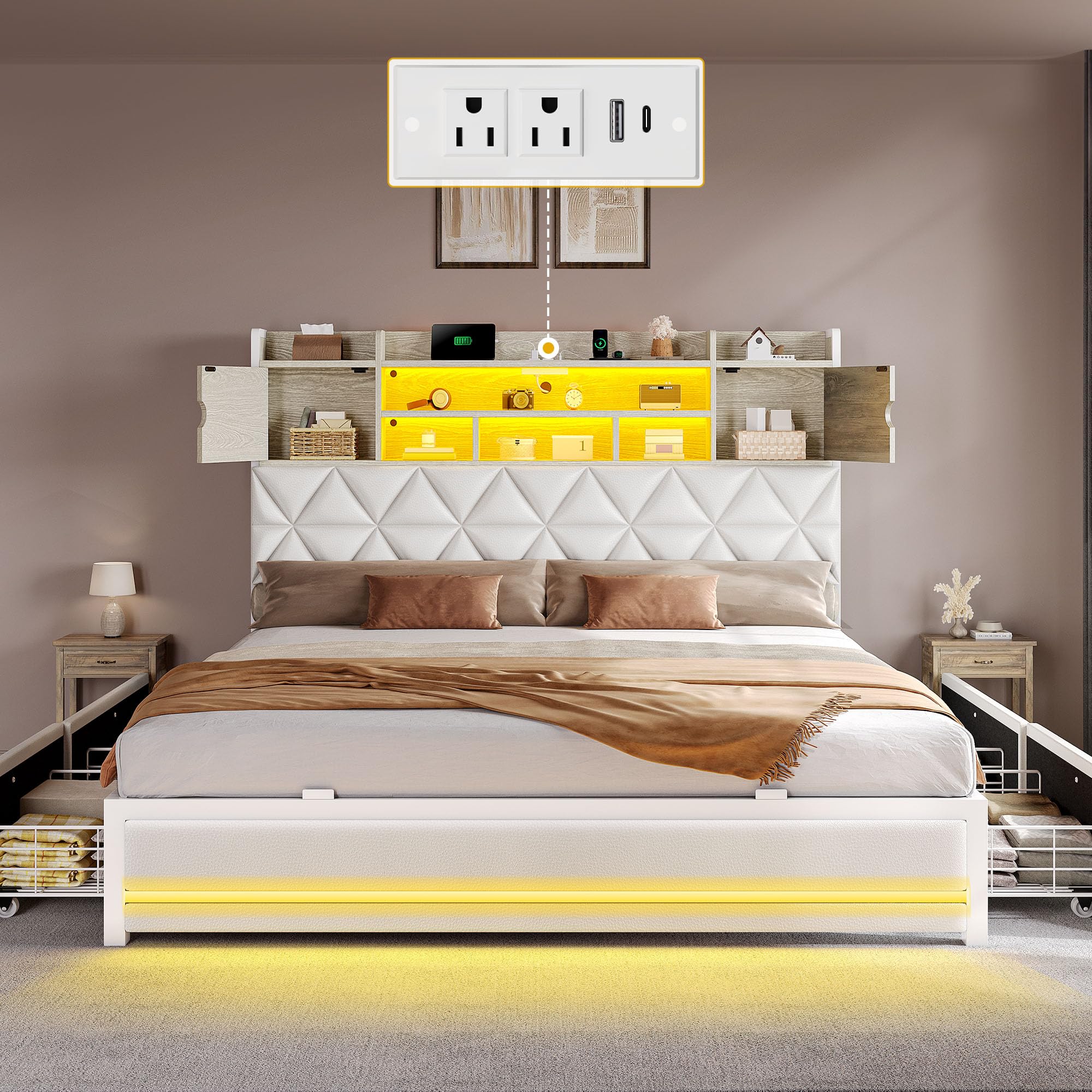 Photo 1 of DWVO King Size Bed Frame with RGB LED Lights & Storage Bookcase Headboard, Upholstered Bed with Charging Station and 4 Drawers, No Box Spring Needed, Easy Assembly, Noise-Free, PU Leather White (Screws may be missing)