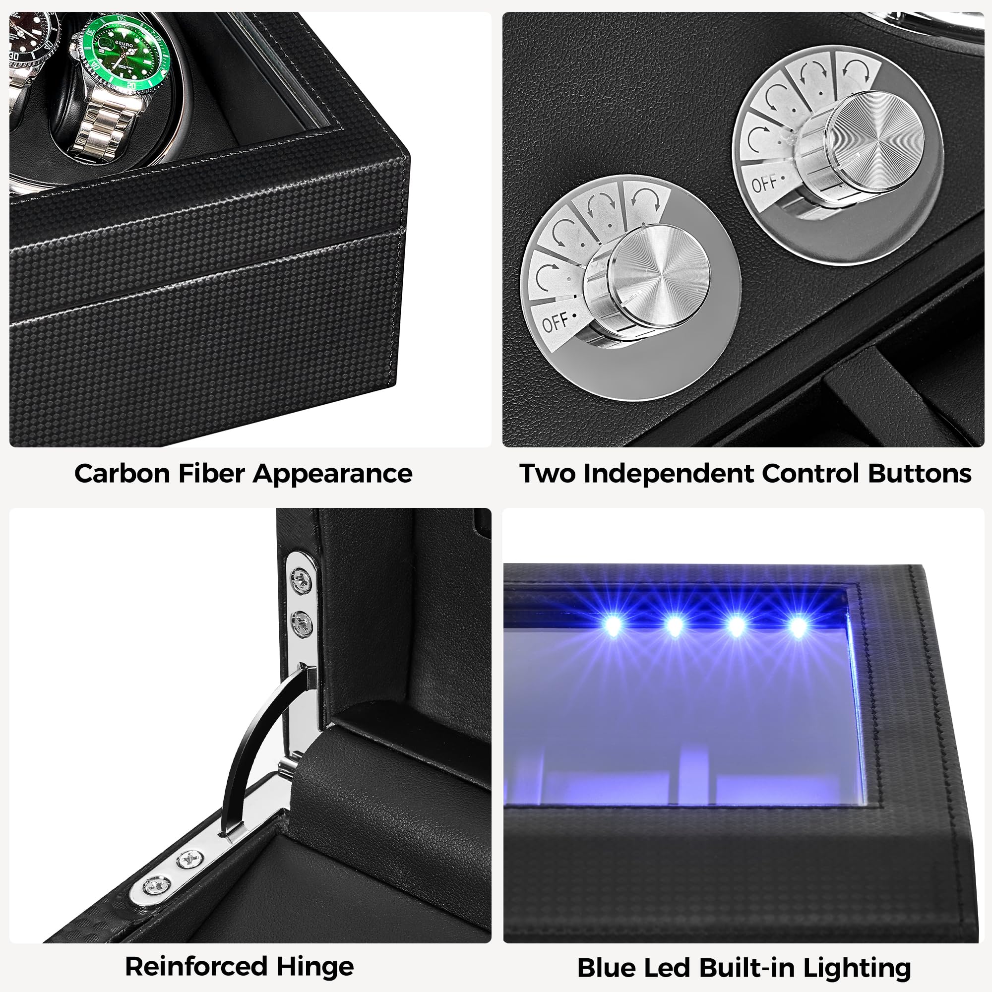 ANWBROAD ANWBROAD Watch Winder for Automatic Watches 4 Watch Rotator and 6 Extra Storages with Super Quiet Motor and LED Backlight Turner Carbon Fiber Shaker 5 Rotating Modes USB UJWW002F