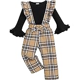 Renotemy Toddler Baby Girl Clothes Fall Winter Overalls Jumpsuit Ribbed Knit Sweater Plaid Suspender Pant 2PCS Outfits 12M-4T