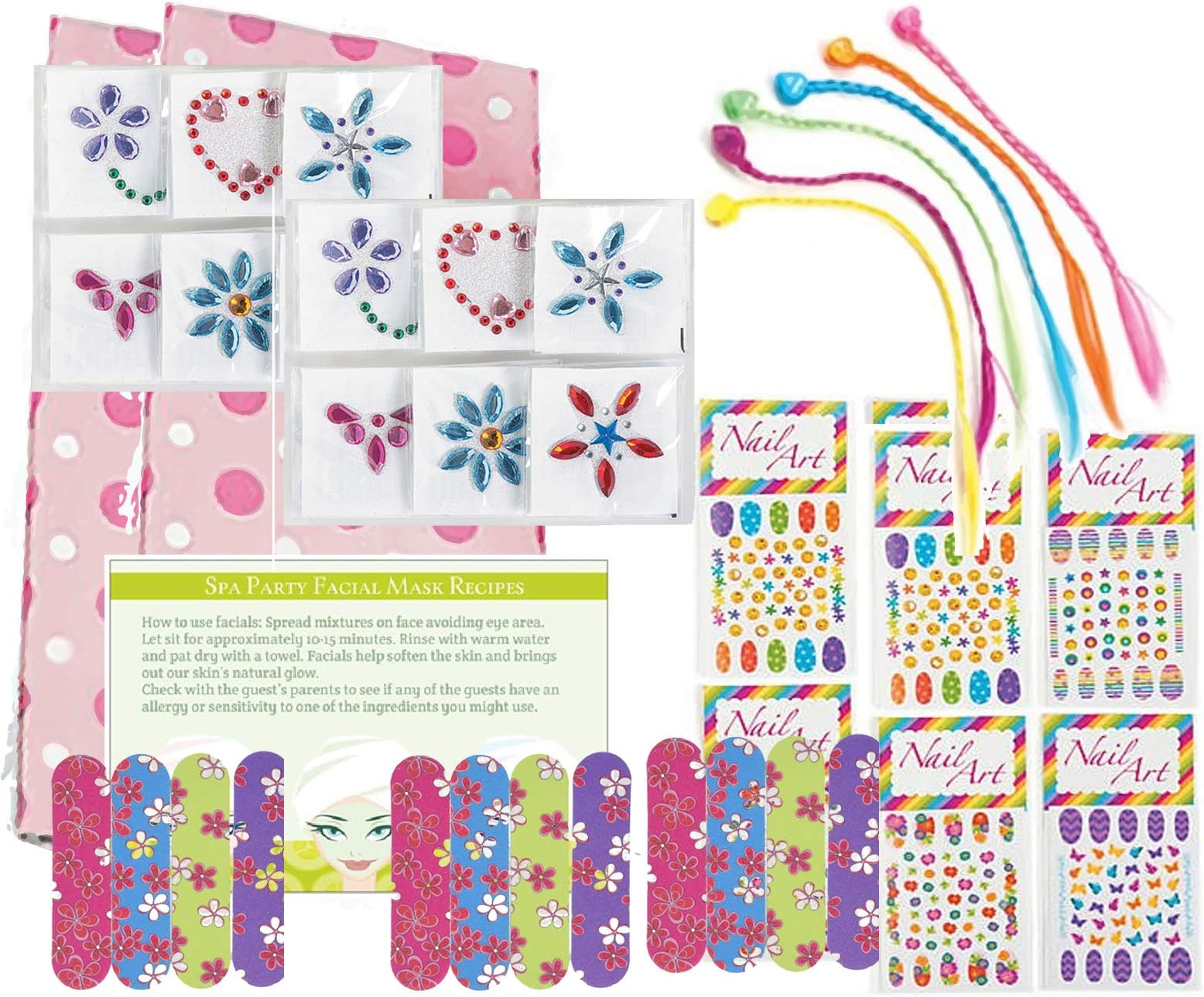 PartiFun Spa Party Supplies for Girls - MINI Emery Boards (12) Colored Hair Clip Braids (12) Body Jewels (12) Nail Decal Sets (12) Pink Cello Bags (12) and Facial Recipes Total 61 Pieces