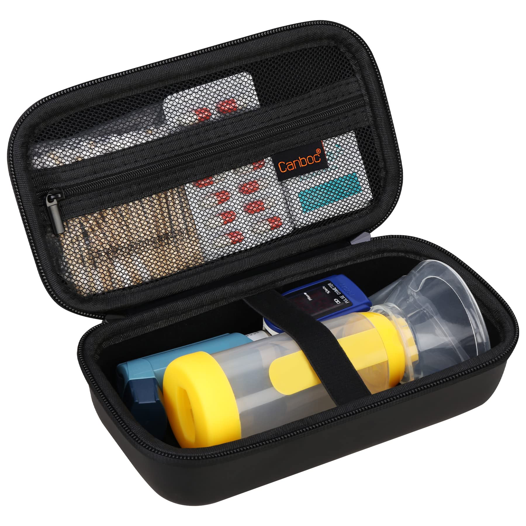 Canboc Travel Carrying Case for Asthma Inhaler, Handheld Spacer for Adults and Kids, Masks, Hard Inhaler Case with Mesh Pocket fit Medicine and Other Essentials, Black (CASE ONLY)