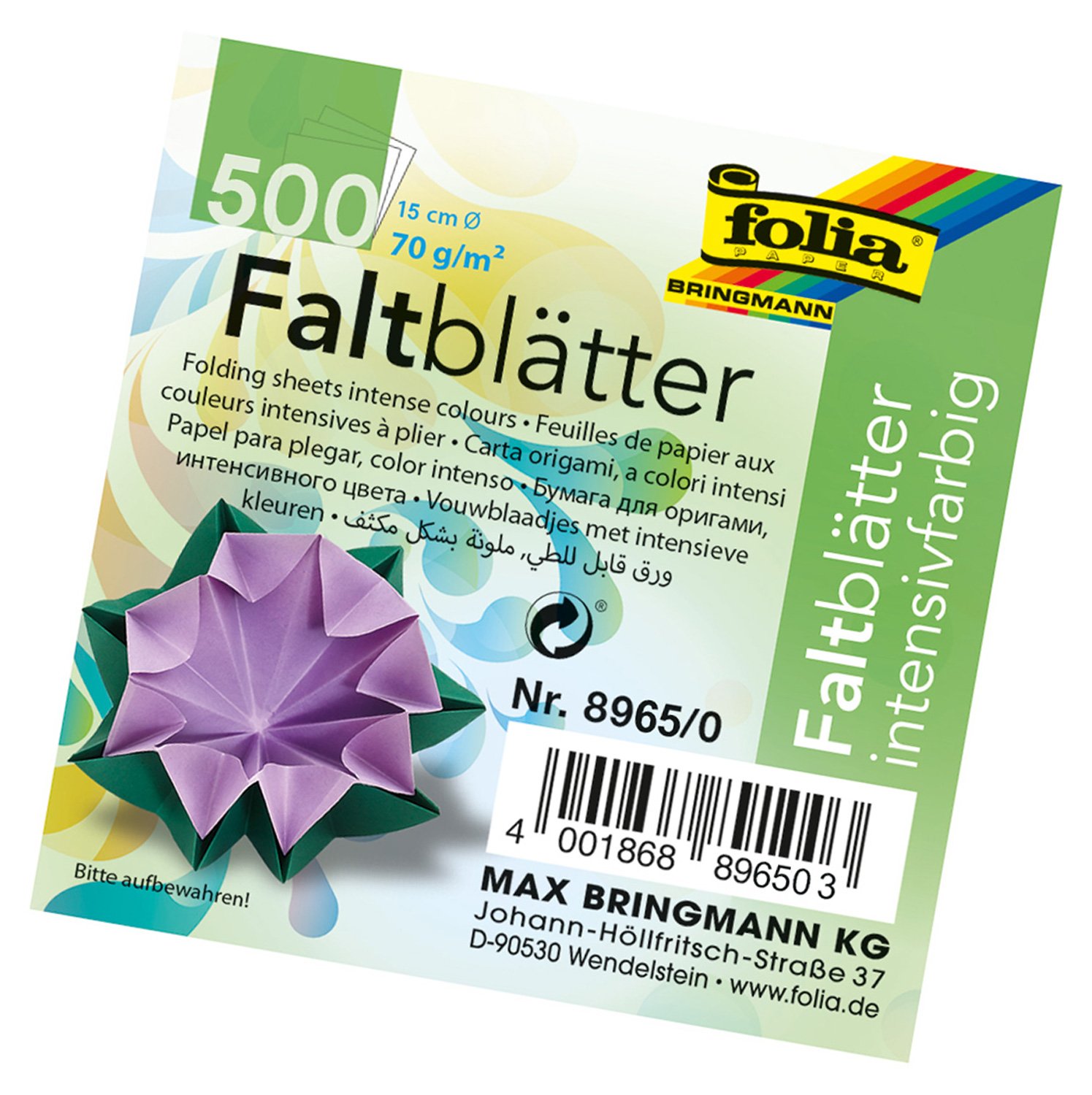 Folia Bringmann Folding Sheets 70 g/m² – 500 sheets in 10 Assorted Colours, multi-coloured, 15 cm