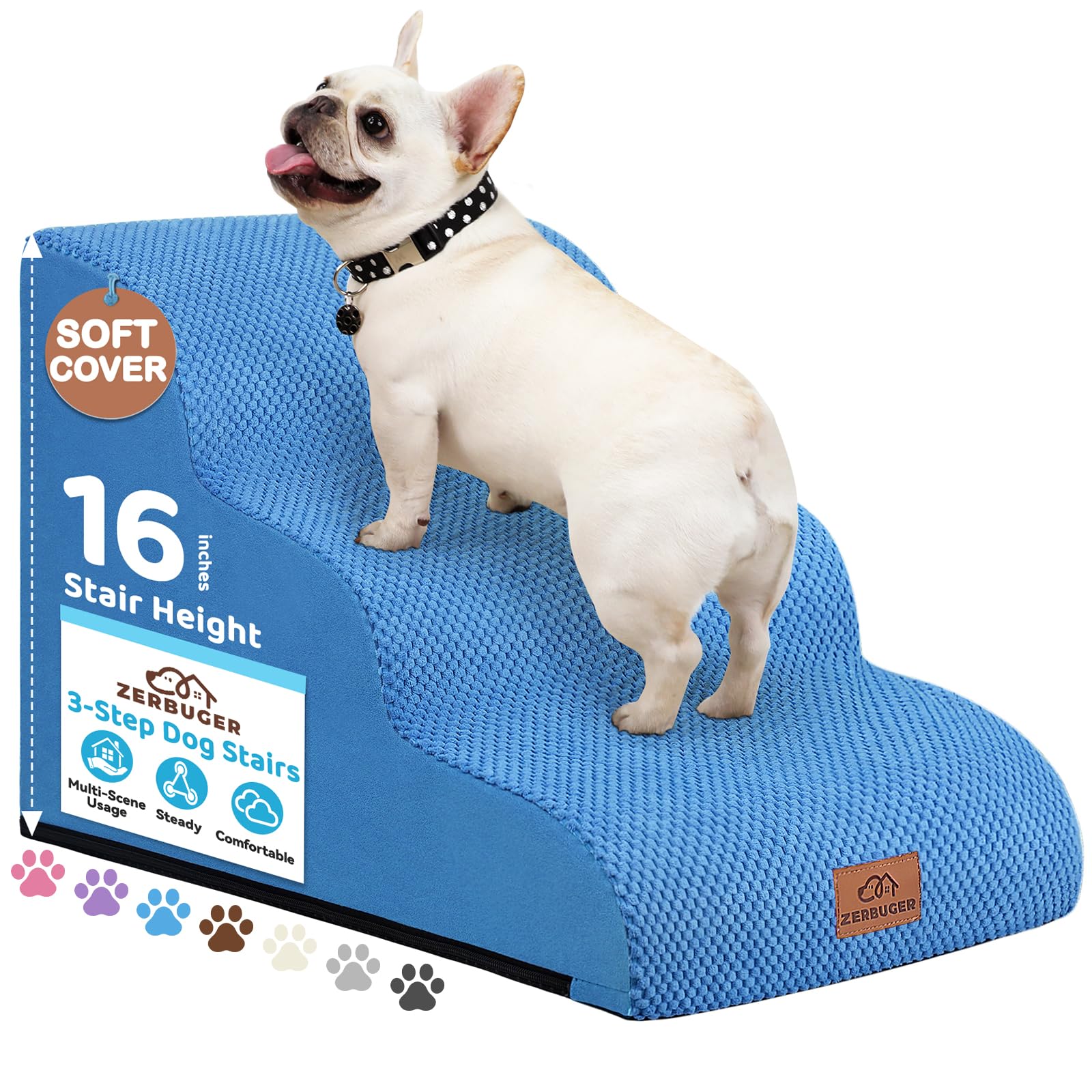 Photo 1 of Zerbuger Dog Ramp and Stair for Bed 16" H-20 H,3-Step Cat Stair for Sofa and Chair,4-Step Dog Ramp for High Bed and Window,Durable Nonslip Fabric Cover for Indoor (Blue-16“H, Pet Friendly, 3)