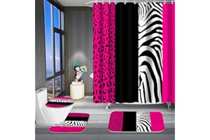 Poedist 4 Pcs Bathroom Shower Curtain Set,Rosy Leopard Print Shower Curtain Bright Style Shower Curtain Sets with Rugs(Bath Mat,U Shape and Toilet Lid Cover Mat) and 12 Hooks