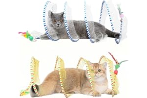 TEASIK 2-Pack Large Cat Tunnel Beds - Indoor & Outdoor,Kitten Collapsible Spring Tunnel Toy with Feather and Bell,Interactive Spring Toys for Cats & Kittens（Yellow and Blue）
