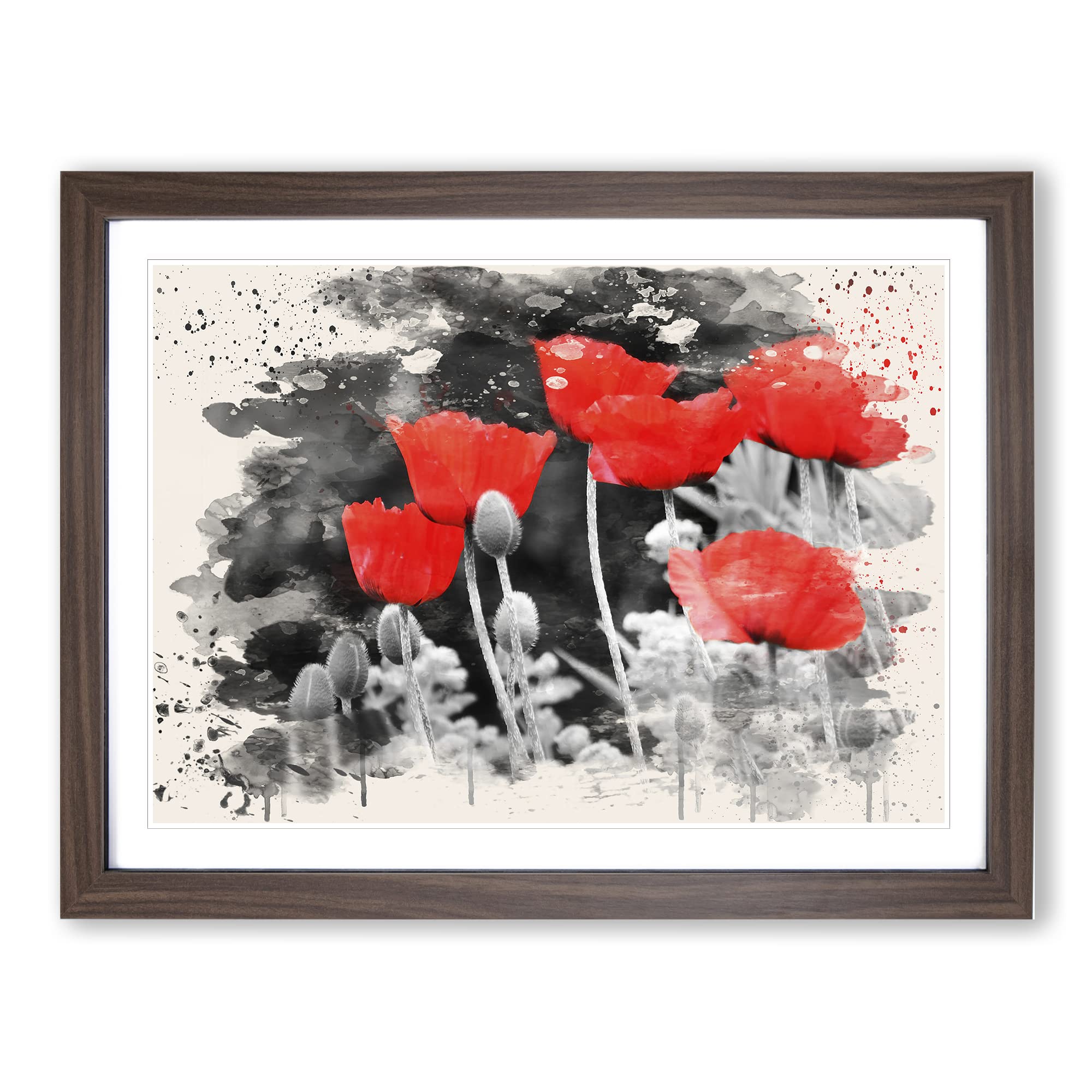 Red PModern OPpy Field Flowers No.7 Modern FC Framed Wall Art Print, Ready to Hang Picture for Living Room Bedroom Home Office Décor, Walnut A3 (46 x 34 cm)