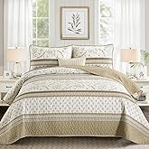 DJY Striped Quilt Set King Size, Brown Boho Striped Patchwork Leaves Printed Bedspread Coverlet Set 3 Pieces Soft Lightweight Microfiber Quilted Bedding Set for All Season (104"x90")