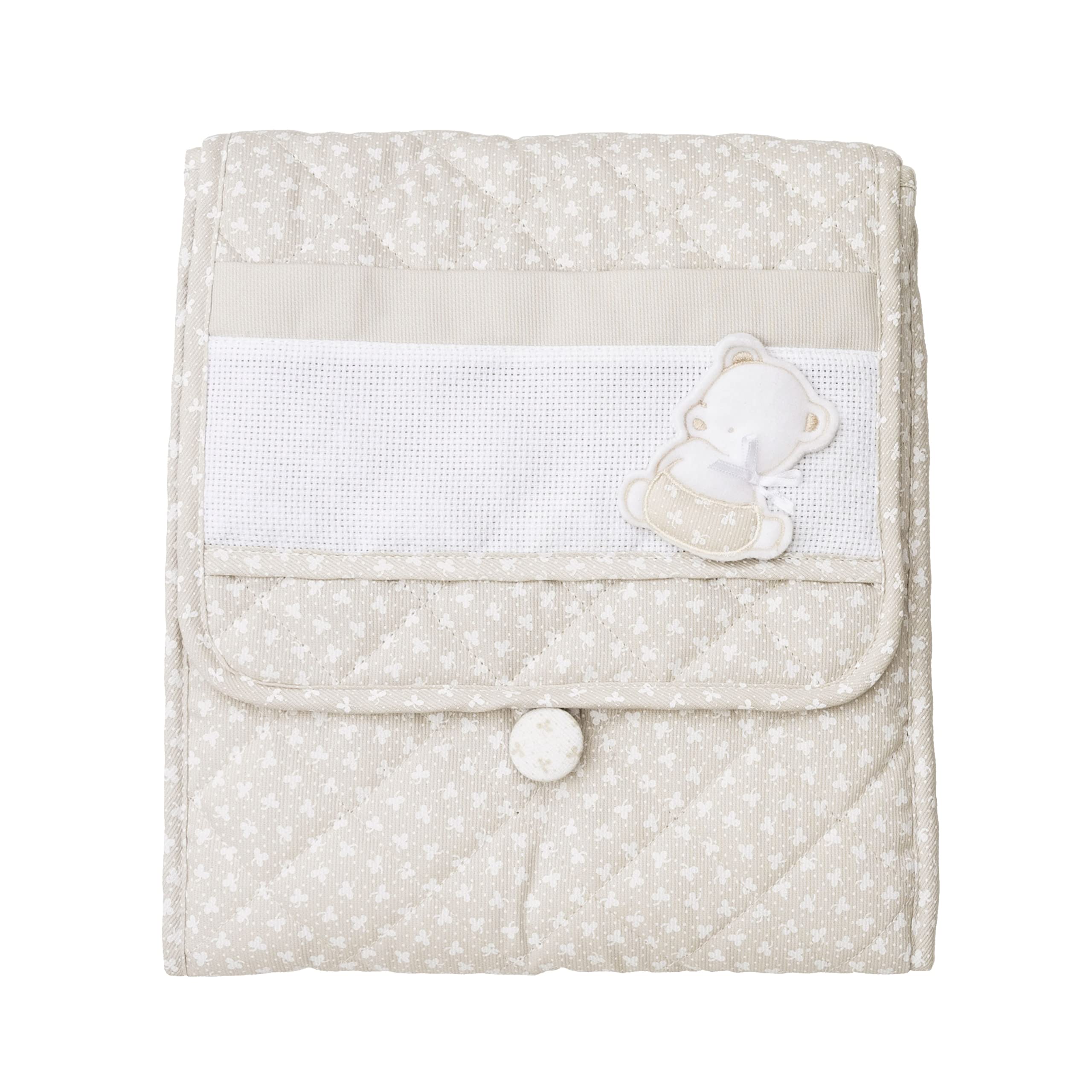 FILET - Travel Changing Table, Portable Changing Table for Nappy Changing, Made of Padded Cotton, with Aida Pocket for Embroidery, 100% Made in Italy, Clover in Dove Grey