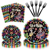 100 Pieces Día de Muertos Party Tableware Set – Disposable Sugar Skull Plates, Napkins and Black Forks for Day of the Dead Party, Mexican Fiesta, Halloween Celebration– Serves 25 Guests