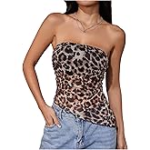 MakeMeChic Women's Cheetah Print Tube Top Y2k Strapless Mesh Leopard Print Tops