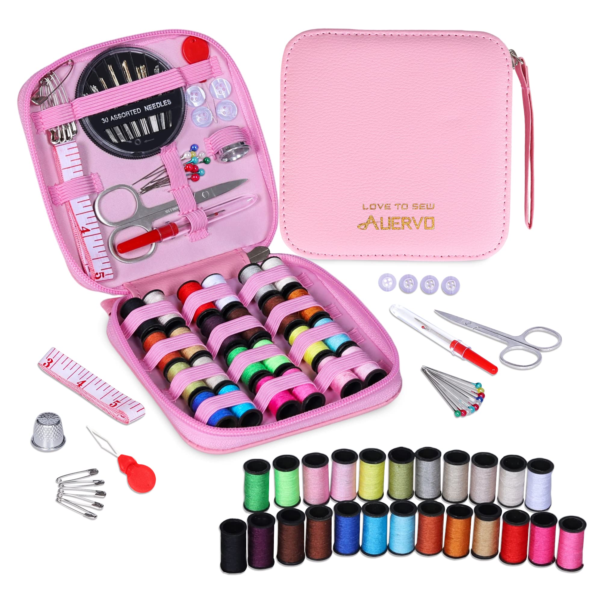 Pink Sewing Kit, AUERVO Mini Basic Sewing Kits with Leather Case Thread and Needles Set for Adults, DIY,Home, Travel & Emergency with Zipper Compact Small Waterproof Durable