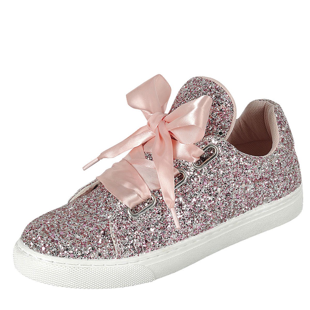 Forever Link Womens Round Toe Ribbon Bow Lace Up Glitter Fitness Gym Trainer Fashion