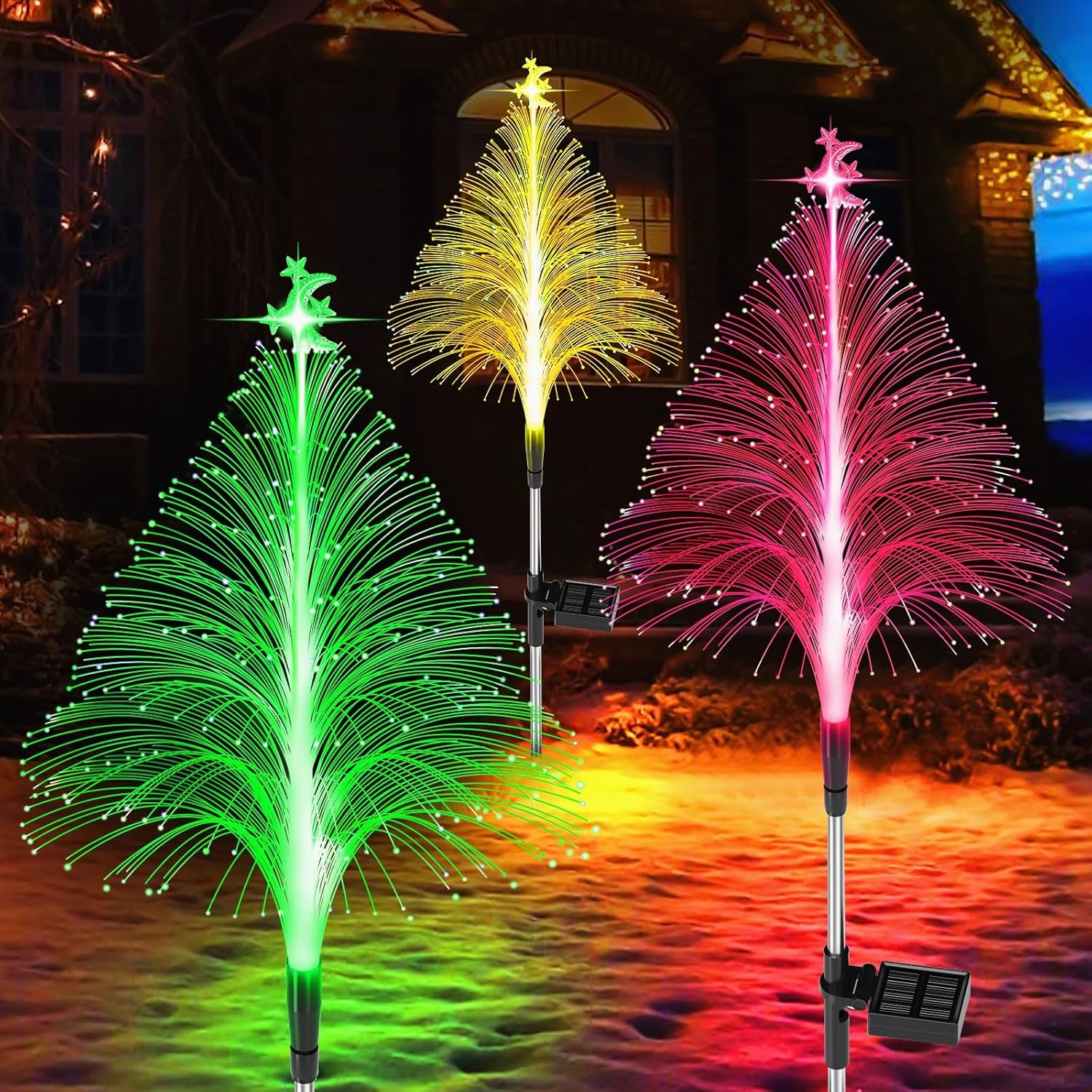 Lighting - Solar Christmas Trees Lights Outdoor Decorations, Small Solar Xmas Tree Garden Lights Waterproof, Color Changing Solar Flower Lights Yard Stake Decor for Pathway Lawn Patio Outside Decorative, 3PCS