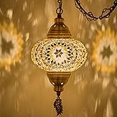 DEMMEX Plug-in Turkish Moroccan Mosaic Hanging Pendant Ceiling Light &ndash; Swag Lamp Fixture with 15ft Cord &amp; Chain, Handcrafted Glass, Vintage Tiffany Style, Mediterranean Exotic Decor, Amber Brown
