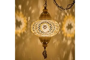 DEMMEX Plug-in Turkish Moroccan Mosaic Hanging Pendant Ceiling Light – Swag Lamp Fixture with 15ft Cord & Chain, Handcrafted Glass, Vintage Tiffany Style, Mediterranean Exotic Decor, Amber Brown