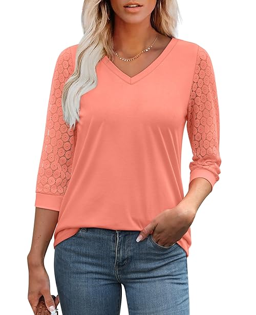 Aokosor Womens Tops 3/4 Sleeve V-Neck Lace Tunic Tops Womens Blouses Size 6-8 Coral S