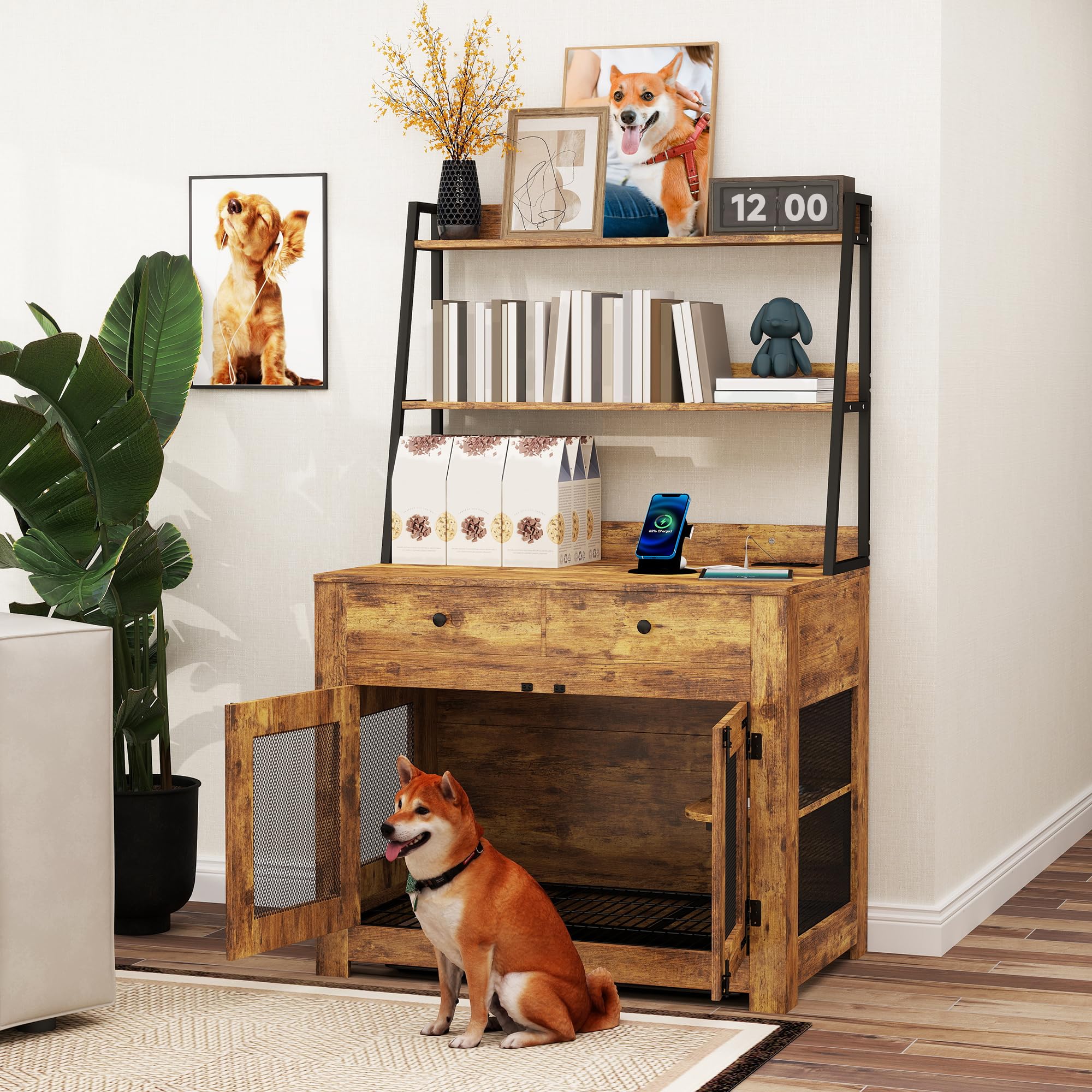 Photo 1 of Real Relax 38" Dog Crate Furniture with Storage Shelves, Wooden Dog Cage Furniture with 2 Drawers, Double Doors & Power Outlets, Dog Kennel Indoor Furniture for Medium Dogs, Brown