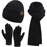 Womens Winter Knit Warm Hat Beanie Long Scarf Touch Screen Gloves Set Skull Caps Neck Scarves for Women