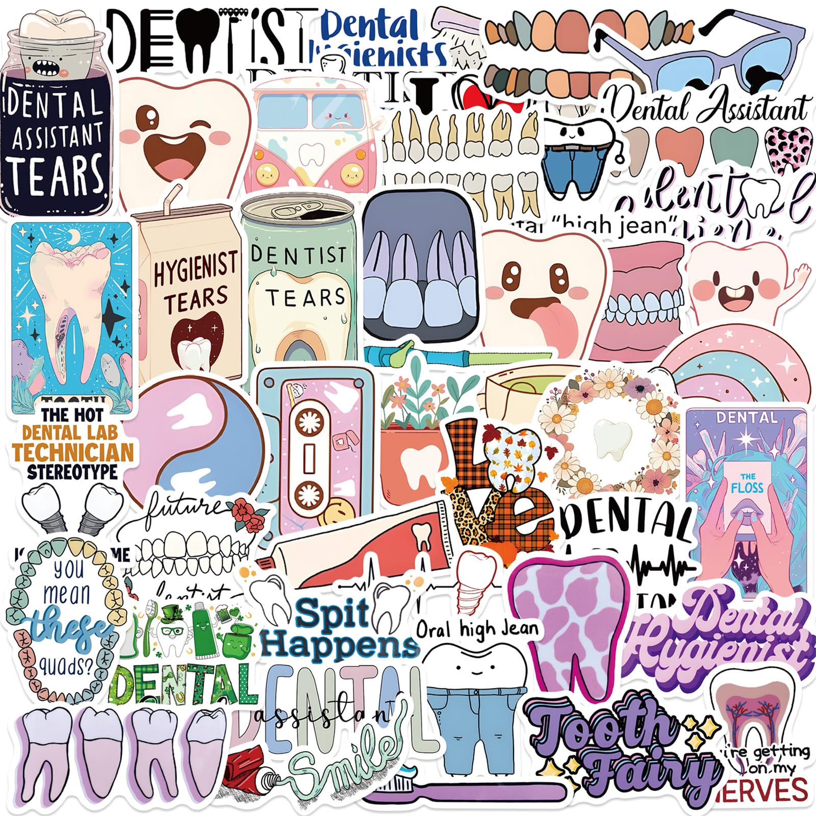 50PCS Cartoon Dental Stickers Funny Tooth Stickers for Teens Cute Dentist Sticker for Water Bottles Laptop Luggage Phone, Vinyl Waterproof Decals Doctor Sticker (Dental)