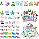 43 Pcs Axolotl Cake Topper Accessories Include 1 Happy Birthday Cake Topper 8 Artificial Seagrass 34 Axolotl Miniature Figures Ocean Decorations for Baby Shower Birthday Party Supplies