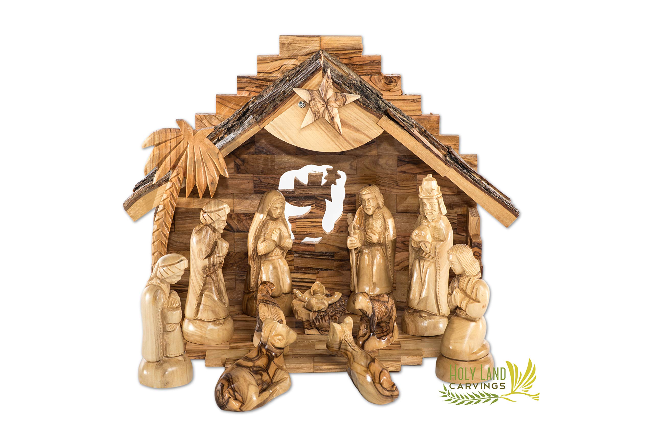 Wooden Nativity Set for Christmas Made of Olive Wood in The Holy Land - 12 Piece Nativity Scene with
