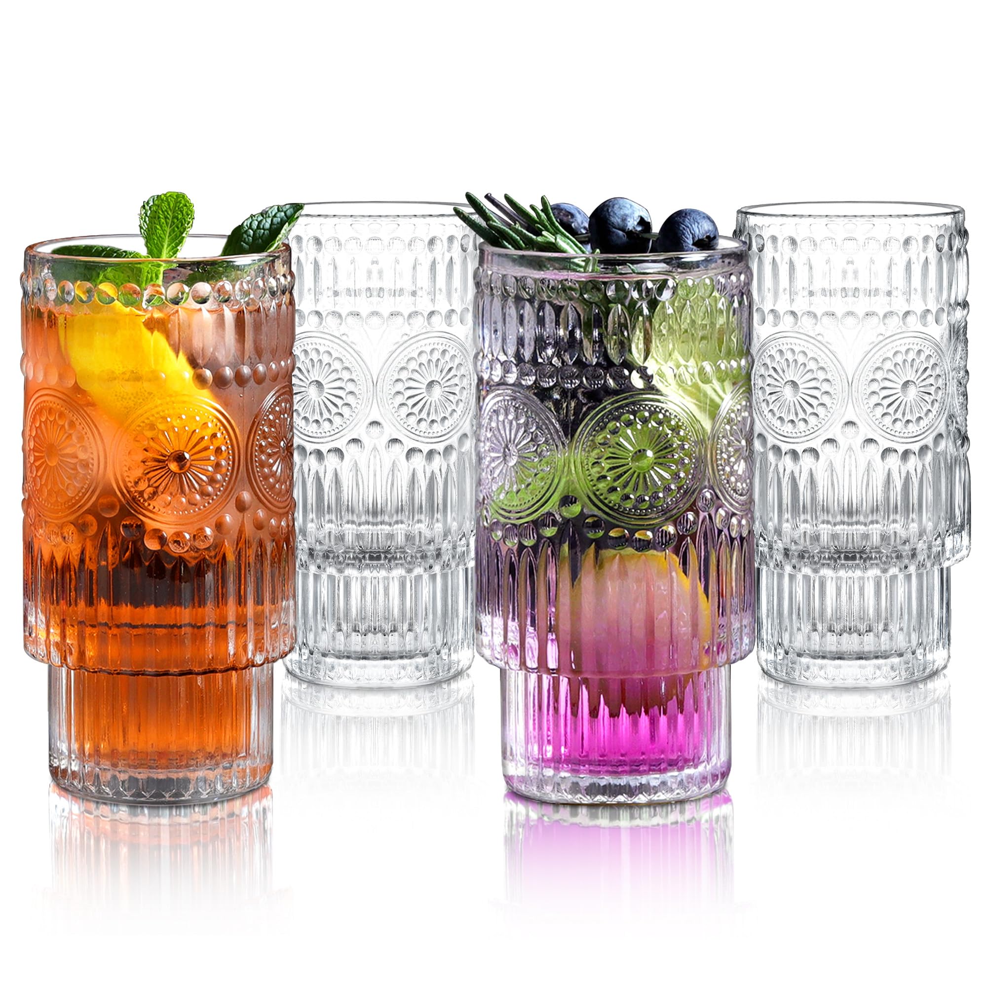 Joeyan Vintage Glassware Drinking Glasses Set of 4, 340ml Highball Glass Cups, Embossed Clear Tall Water Tumbler with Pattern for Cocktail, Beer, Whiskey, Juice, Iced Coffee Tea and Mixed Drinks