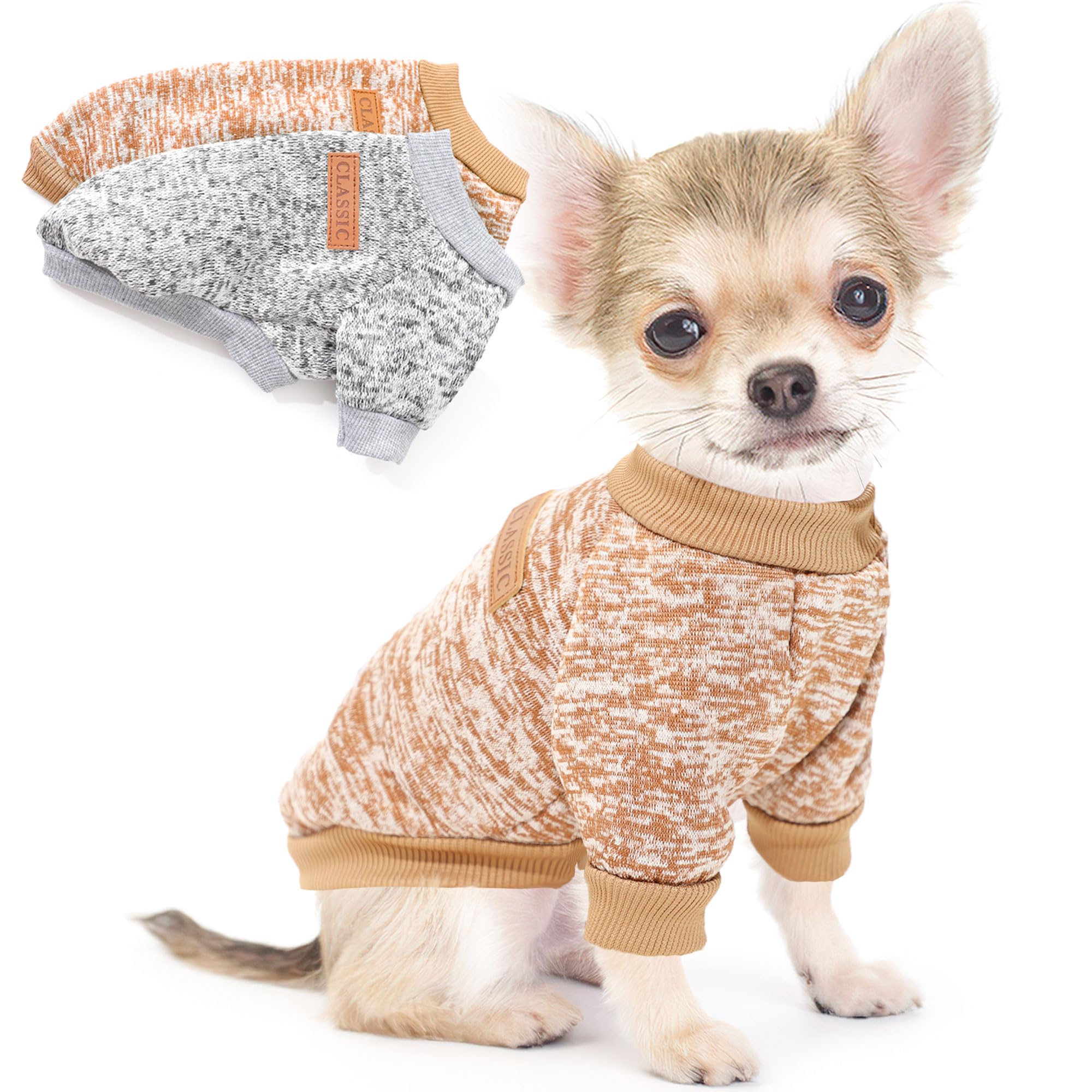 Photo 1 of 2 Pieces Dog Sweaters for Small Dogs Dog Clothes Male Female Fall Winter Fleece Puppy Sweaters Warm Pet Outfit for Yorkie, Chihuahua, Bulldog, Dachshund, Pug,S