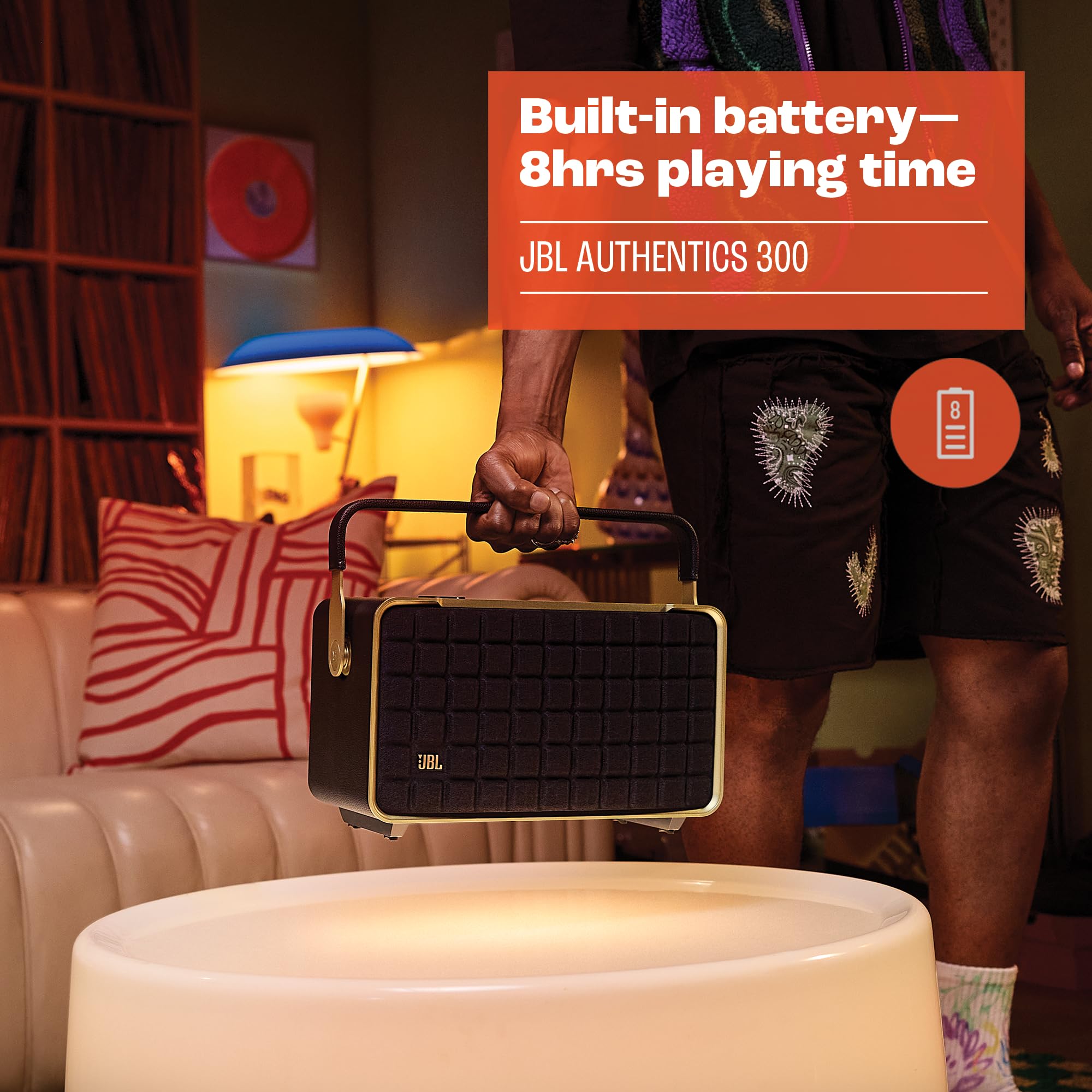 JBL Authentics 300 Tragbarer Smart Home Lautsprecher – 70er Jahre Retro-Design Bluetooth Box – Mit Google Assistant, Alexa, AirPlay und JBL One App – Schwarz 8