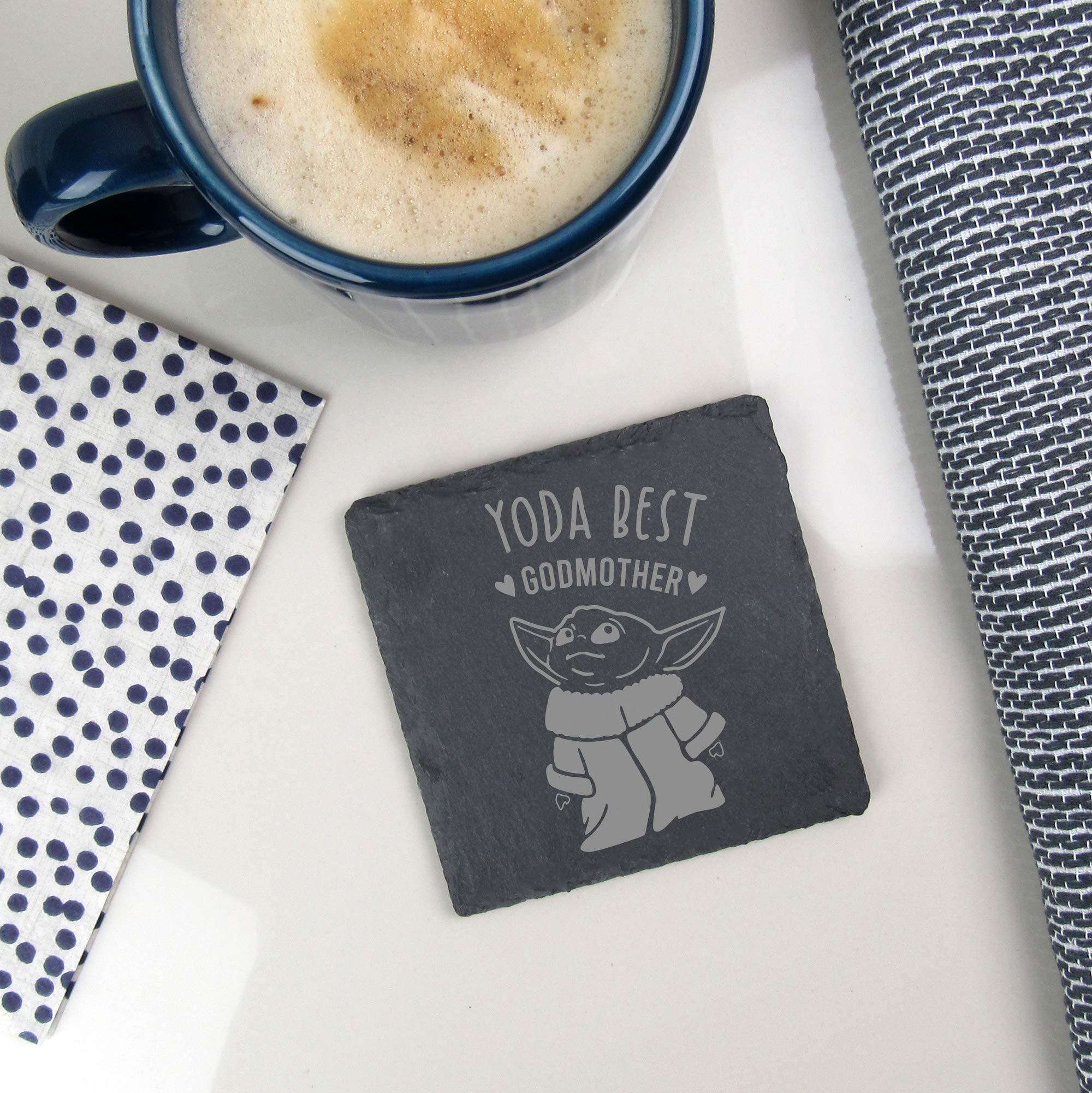 eBuyGB Personalised Square Slate Coaster, Engraved Baby Yoda Coaster, Star Wars Themed Drinks Mat, Funny Gifts for Godparents (Yoda Best Godmother)