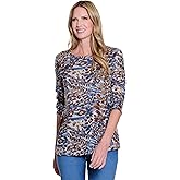 MULTIPLES Women's 3-Button Cuff 3/4 Sleeve Scoop Neck Zip Pocket Top