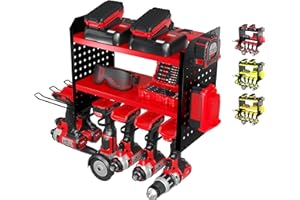 BUILTSTRONG Power Tool Organizer-6 Drill Holder Wall Mount, 3 Tier Heavy-Duty Hand Tool Storage Rack, Utility Racks, Drill Holder, 2 Pegboard Sides - Garage Storage Cordless Tool Organizer (Red)
