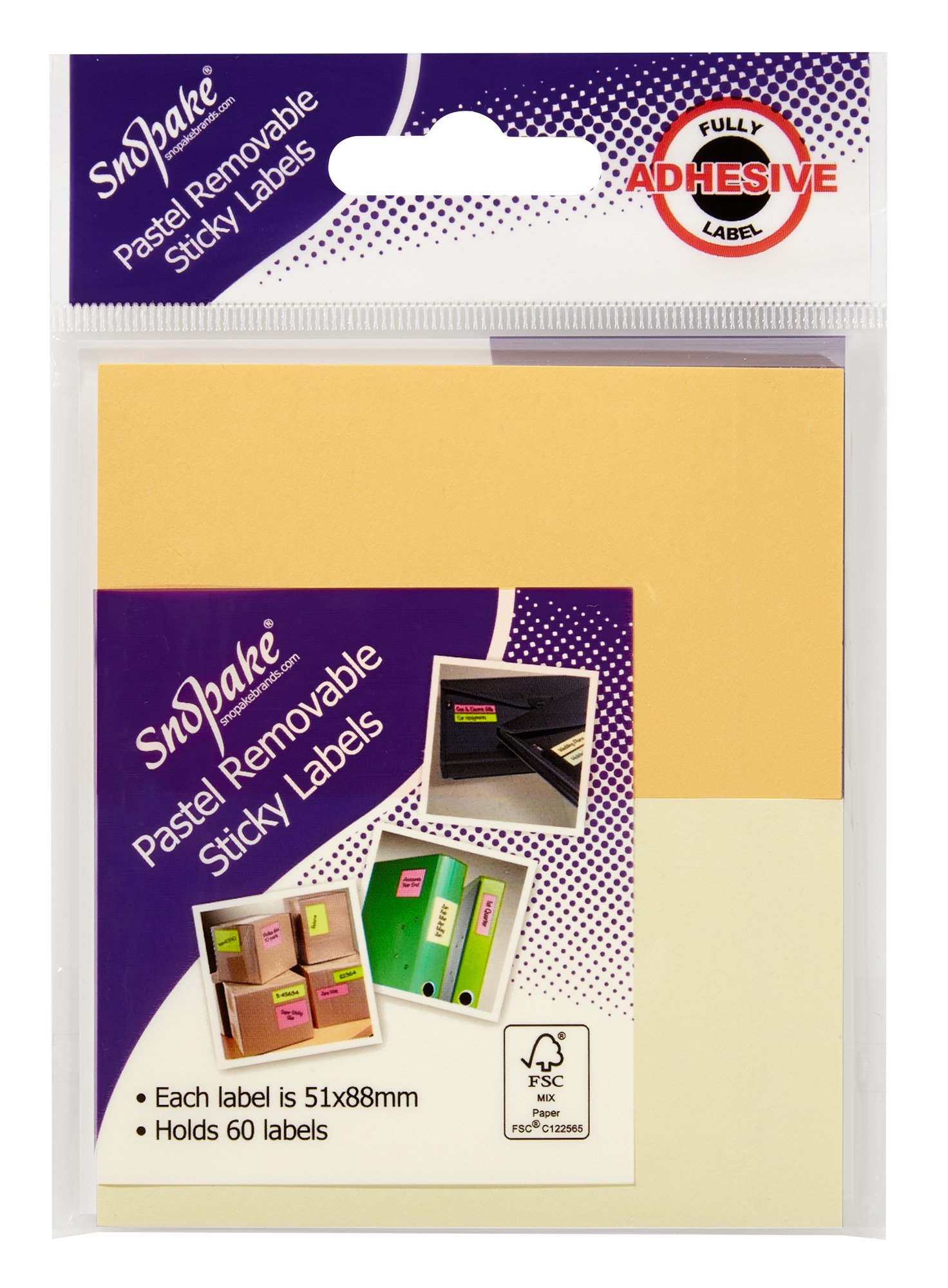 Snopake Full Adhesive Removable Sticky Labels [60 Labels, 51 x 88 mm] Pastel Assorted [15791s]