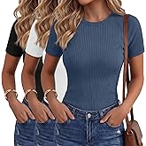 Ficerd 3 Pack Women's Ribbed T-Shirts Short Raglan Sleeve Cotton Tight Basic Tees Crewneck Slim Fit Tops Casual Summer Shirts