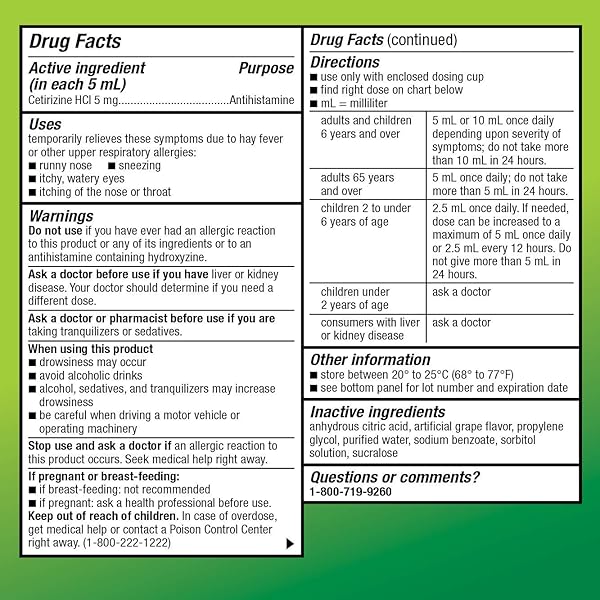 AMAZON BASIC CARE 24 HOUR ALLERGY RELIEF FOR CHILDREN, CETIRIZINE HYDROCHLORIDE ORAL SOLUTION 1 MG/ML, GRAPE FLAVOR, DYE FREE, 8 FL OZ (PACK OF 1)